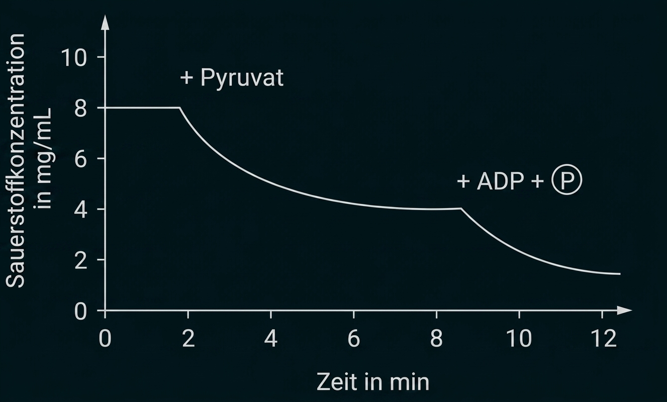 Diagramm zur Sauerstoffkonzentration über die Zeit mit Pyruvat sowie ADP und P.